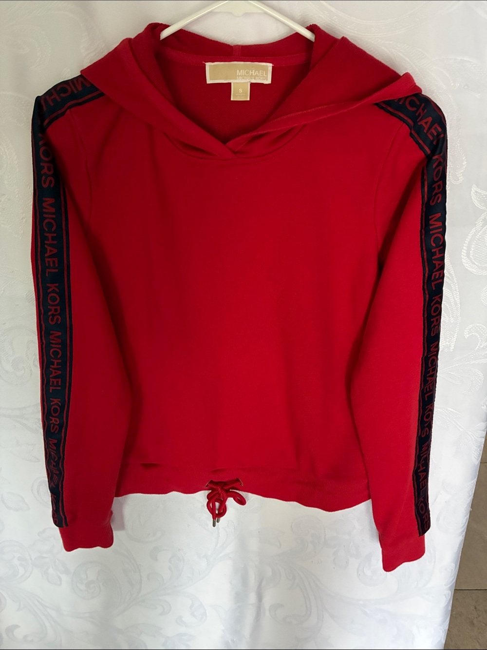 Michael Kors Red Hooded Sweatshirt with Logo Sleeve Stripes
